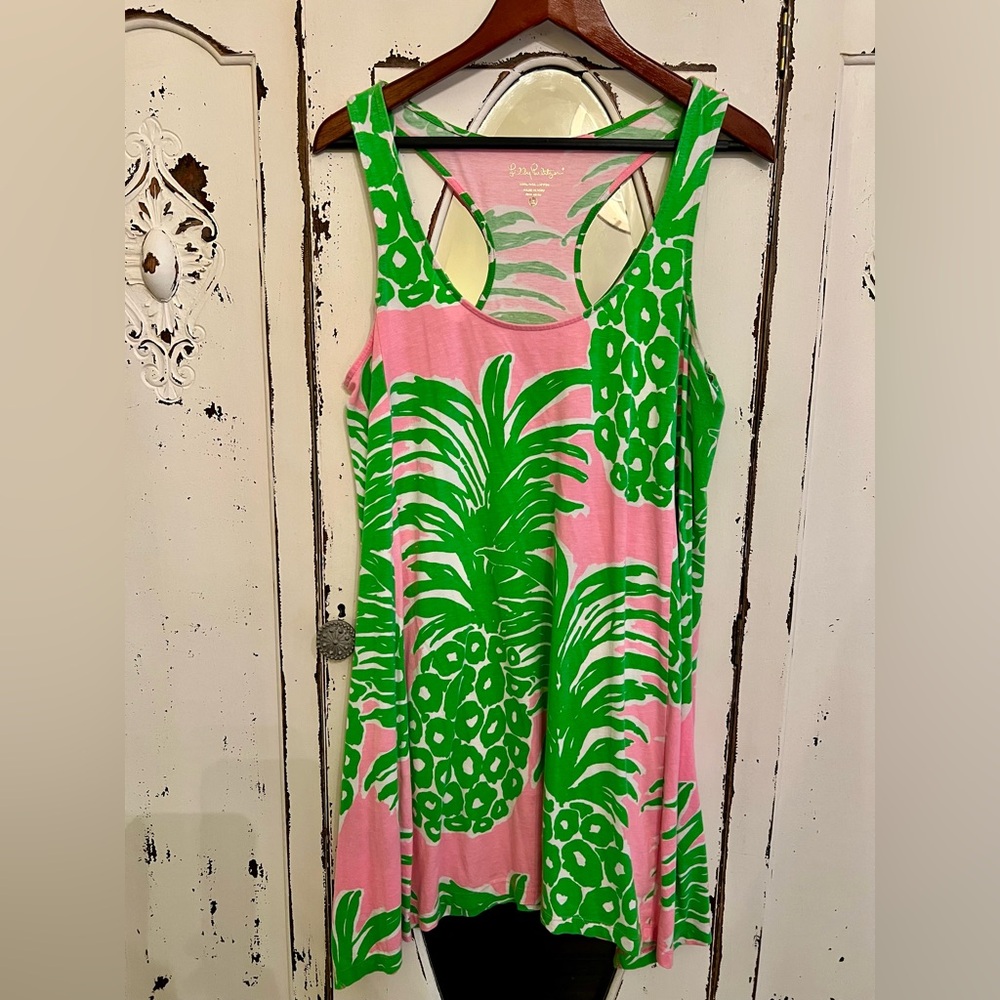 Lilly Pulitzer Tropical Pineapple Pink and Green racer back dress | L